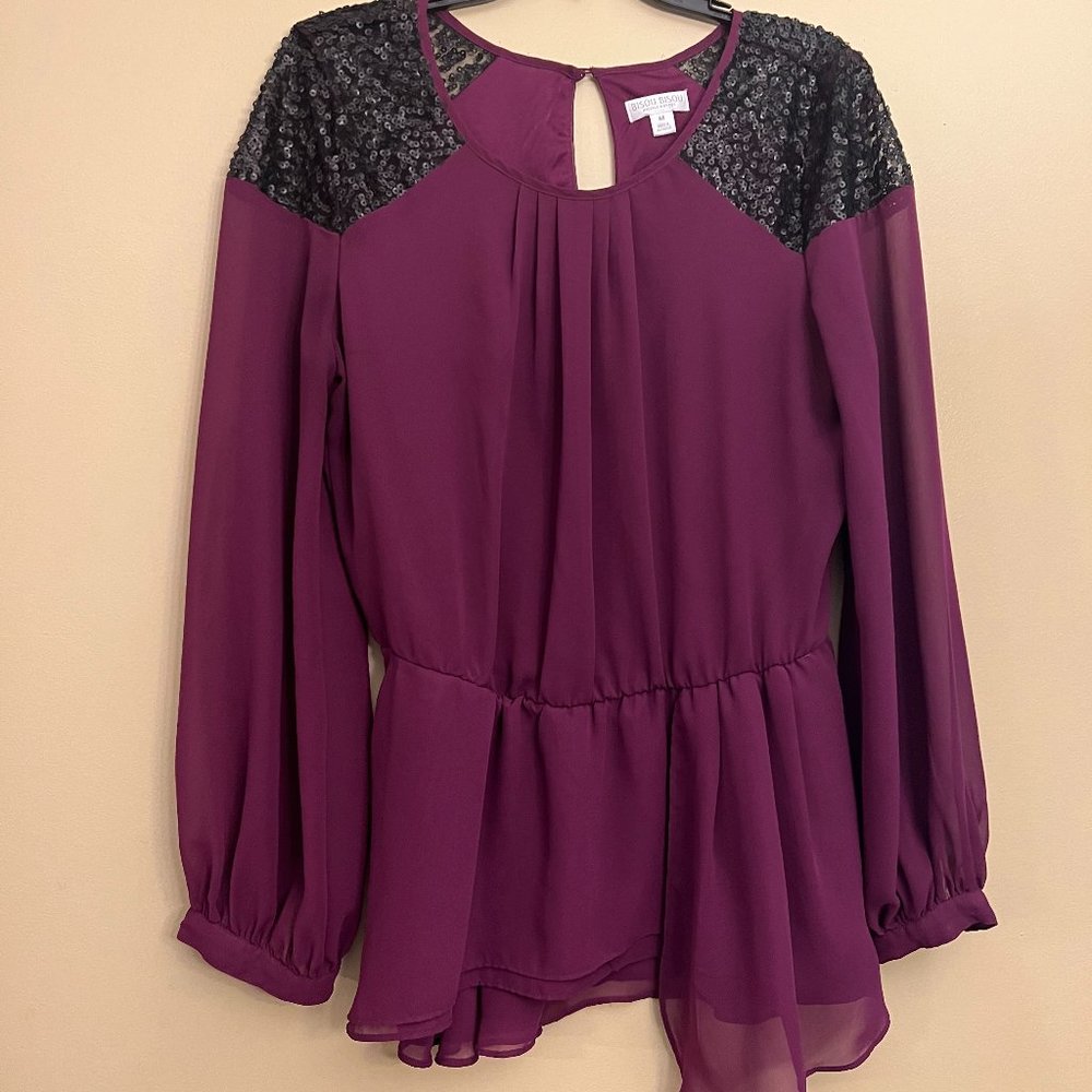 Bisou Bisou Women's Eggplant/wine colored Peplum Blouse Black Sequined shoulder
